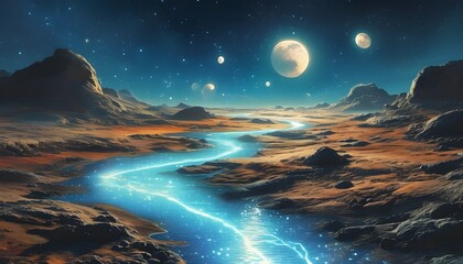 Wall Mural - Ethereal alien landscape with a glowing river winding through rocky terrain, multiple moons illuminating the scene, and a vibrant sky scattered with stars