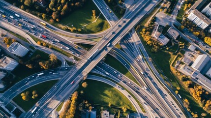 Aufkleber - Aerial view of a bustling motorway, with cars and trucks moving swiftly along multiple lanes, surrounded by green landscapes and urban buildings.