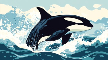 Wall Mural - a black and white orca whale leaps from the water, creating a splash of white water.