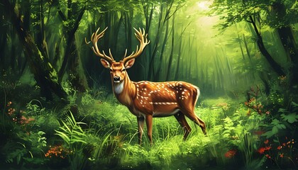 Wall Mural - Serene Woodland Scene Featuring Deer Amongst Lush Greenery