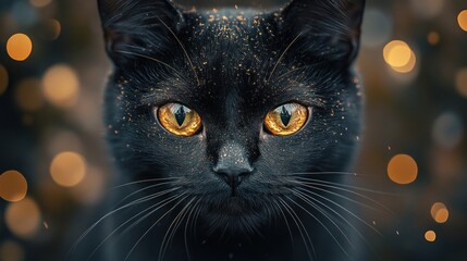 A close-up of a black cat with sparkling fur and glowing eyes.