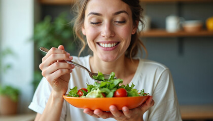 eat healthy food on wellness lifestyle. Beauty young woman eating salad as a breakfast.