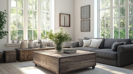 Wall Mural - Rustic aged barn wood coffee table near grey sofa against big grid windows Farmhouse home interior design of modern living room