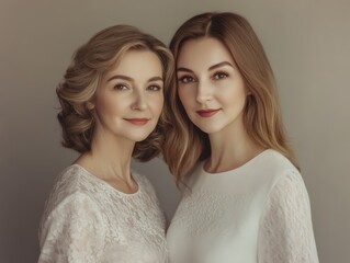 Two beautiful women of different ages, softly lit, showing a natural and timeless beauty, standing in front of a simple background