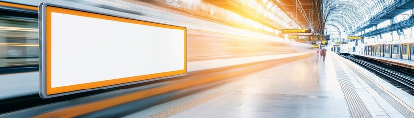 Motion blurred view of a modern train station with a blank advertising space.