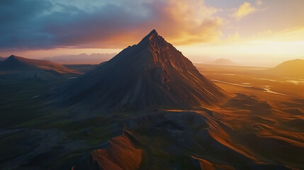 Peaceful sunrise over scenic mountain landscape with rolling hills and soft light.
