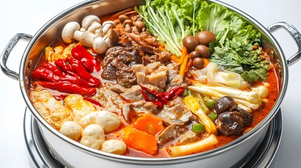 Spicy hot pot with meat, vegetables, and mushrooms in a silver pot