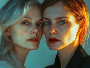 Two women from different generations, standing close, their faces illuminated softly, with a clean background emphasizing their unique beauty