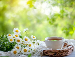  A cup of tea and a small basket with daisies on the table against a green spring background. 