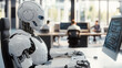 © Dina Photo Stories - Artificial intelligence robots working at computer in a modern office, data center. People and artificial intelligence futuristic robot working together in office. AI assistant business helper concept