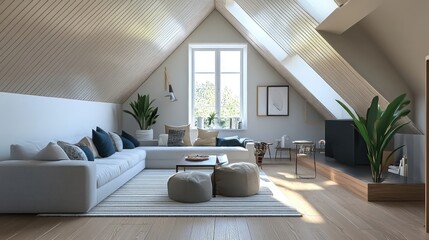 Wall Mural - Scandinavian home interior design of modern living room in attic with lining ceiling