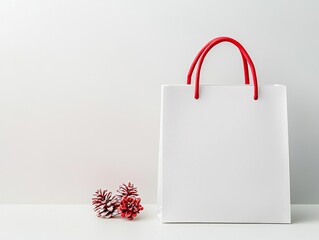 Festive shopping bag mockup, blank with red handles, angled view, ideal for Christmas marketing designs