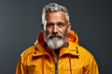 Poster - Portrait of a glad man in his 50s wearing a vibrant raincoat over minimalist or empty room background