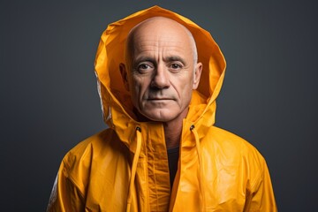 Poster - Portrait of a glad man in his 50s wearing a vibrant raincoat over minimalist or empty room background