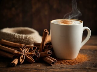 Steaming chai latte with cinnamon on a wooden table.