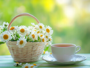  A cup of tea and a small basket with daisies on the table against a green spring background. 