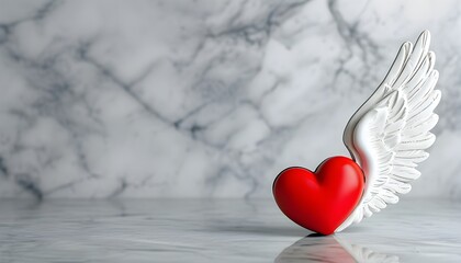 Heart with Angel Wings on Grey Marble Background: A Symbol of Love and Protection