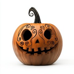 Decorative pumpkin with a spooky face, white isolate background.