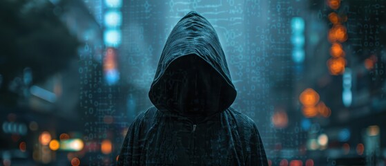 Hacker with hoodie standing in front of neon city lights, digital rain. Free copy space for text.