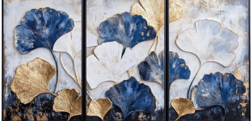 Wall Mural -  Set of 3-piece vertical wall art showcasing abstract ginkgo leaves in   blue and gold