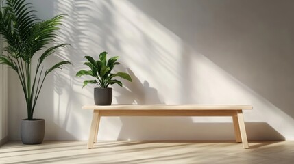 Sticker - Wooden bench side table with pot with plant Scandinavian interior design of modern hall