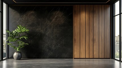 Wall Mural - Wooden wardrobe against black marble wall in minimalist style interior design of modern bedroom