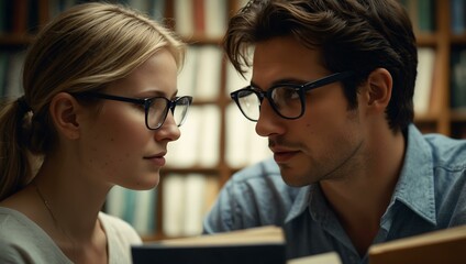 Wall Mural - Two people engrossed in books, glancing at each other over their glasses.