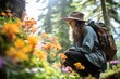 © Oratai - Backpacker leaning against a tree in a forest, focusing their camera on a close-up of colorful wildflowers