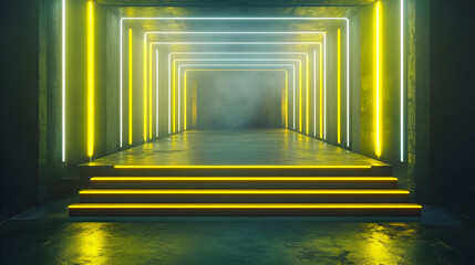 Wall Mural - Neon Lights in a Concrete Tunnel 3D Illustration