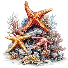 Wall Mural - Watercolor Illustration of Starfish and Coral Reef.