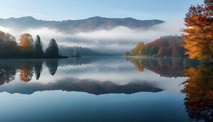 Tranquil autumn lake mirroring vibrant foliage and misty mountains in a peaceful landscape