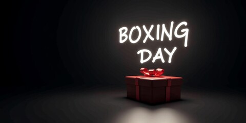 Glowing boxing day gift on dark background with floating text