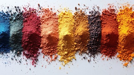 Colorful powders arranged in a gradient for artistic use.