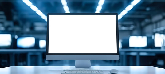 Wall Mural - contemporary office setting featuring a modern led computer screen mockup with a transparent png dis