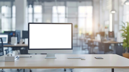 Wall Mural - contemporary office setting featuring a modern led computer screen mockup with a transparent png dis