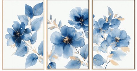 Wall Mural - et of three pieces of blue floral wall art featuring elegant designs on a white background