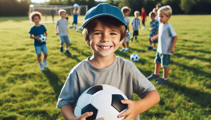 cheerful smiling boy with a ball in his hands on the background of a football field with children