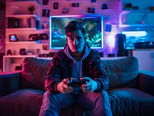 A gamer sitting comfortably on a couch surrounded by various gaming consoles and controllers.