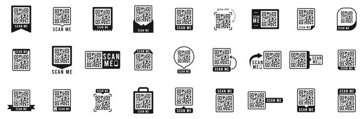 qr code set. template of frames with text - scan me and qr code for smartphone, mobile app, payment 