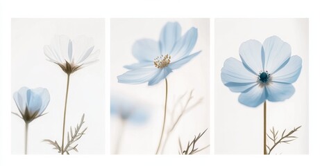 Wall Mural - set of 3 pieces of modern blue floral wall art with a white background