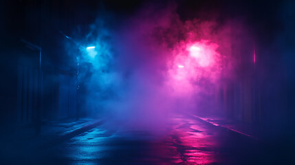   Cityscape at Night  A dark street, bathed in neon pink and blue lights, with night smog swirling around