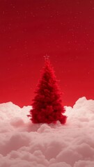 Red Christmas tree standing on fluffy white clouds in a dreamlike holiday scene with starry night sky