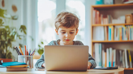 Cute schoolboy studying online at home talking to teacher via video call. Caucasian schoolboy sitting at desk and using computer doing homework. Online education, e-learning, distant education