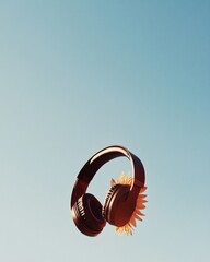 Aufkleber - Minimalist Sunflower with Headphones Against Clear Blue Sky - Creative Concept