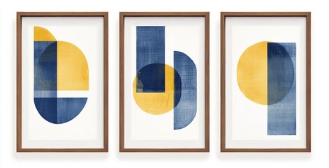 Set of 3 vertical framed prints showcasing abstract compositions with blue and yellow geometric shapes against a white background. 