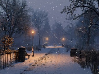 Canvas Print - Snowy Path in a Winter Park at Night