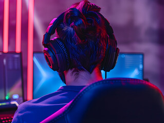 Wall Mural - a focused gamer wearing headphones intently plays a video game, deeply immersed in the action.