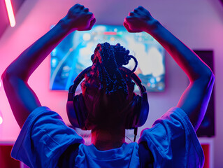 Wall Mural - focused gamer with headphones completely engrossed in a virtual reality video game environment.