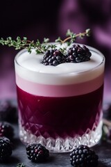 Canvas Print - Blackberry Cocktail with Cream and Thyme Garnish.