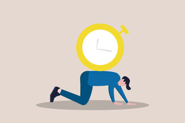 Stress businessman salary man carry heavy big clock burden. concept of fail Time management spend time with family and loved, overworked and overtime